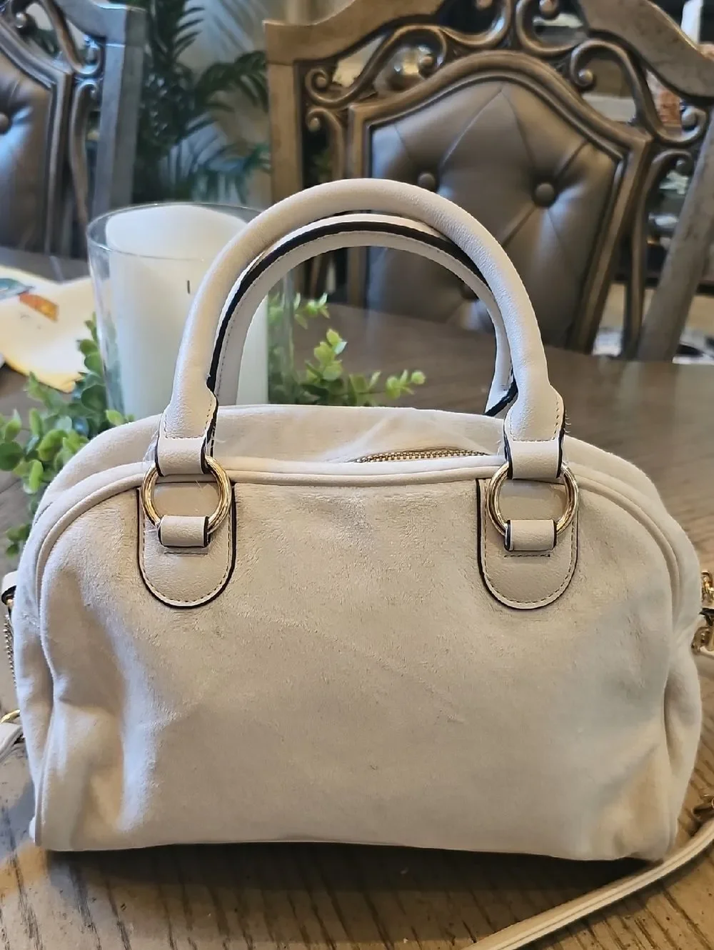 Juicy Couture Cream Embroidered Satchel Crossbody with Gold Accents